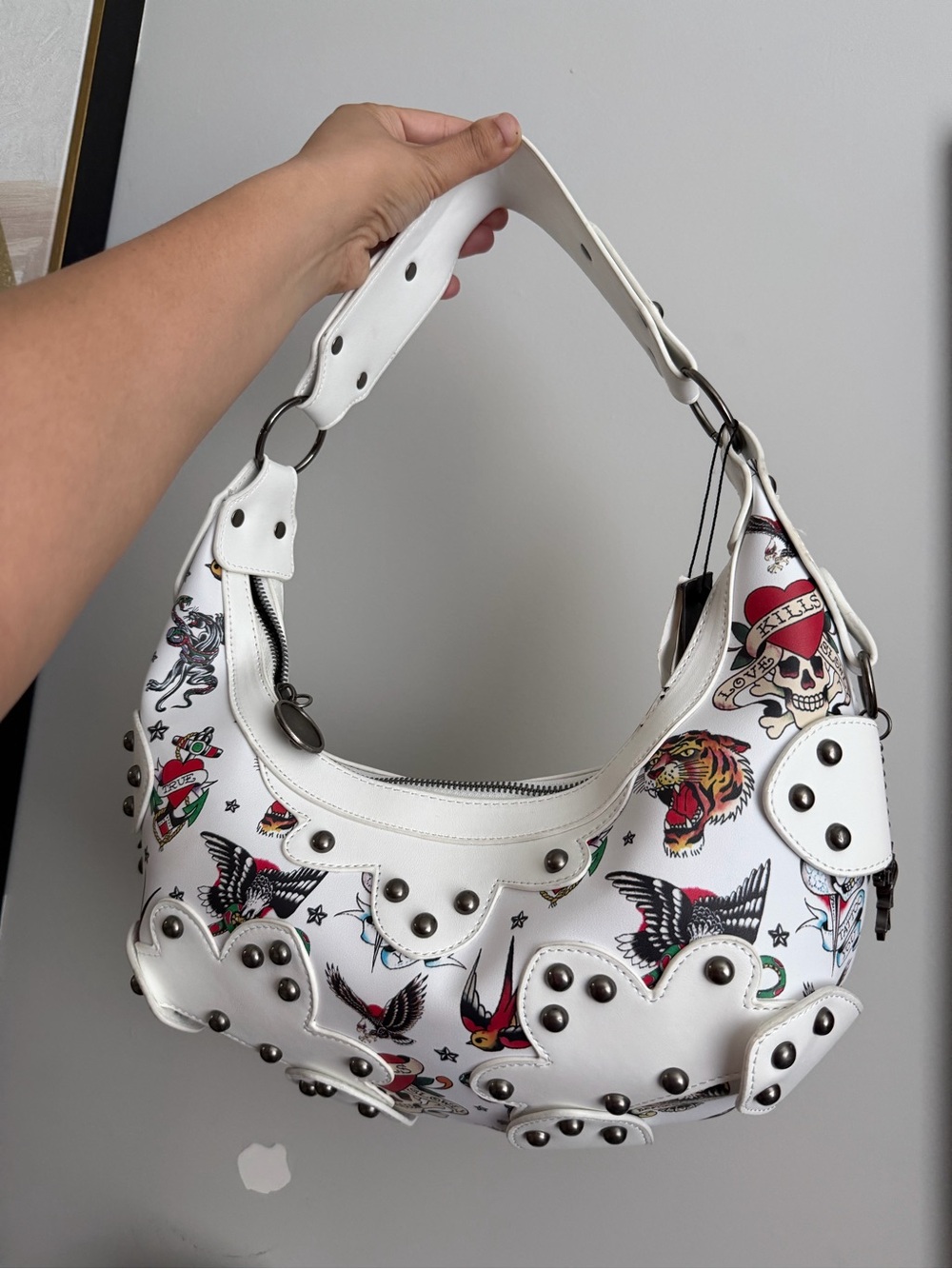 Ed Hardy White Tattoo-Print Studded Shoulder Bag